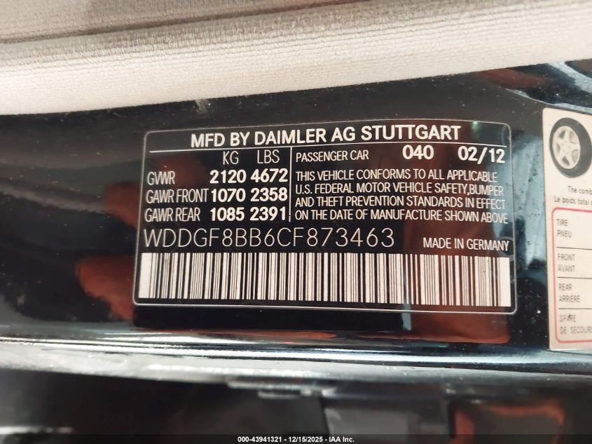 2012 Mercedes-Benz C 300 Sport 4Matic VIN: WDDGF8BB6CF873463 Lot: 43941321