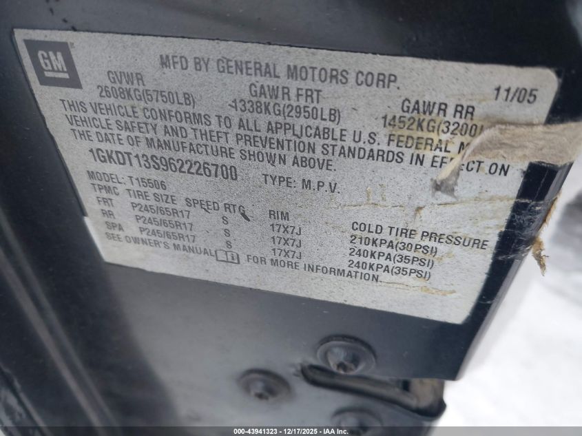2006 GMC Envoy Sle VIN: 1GKDT13S962226700 Lot: 43941323
