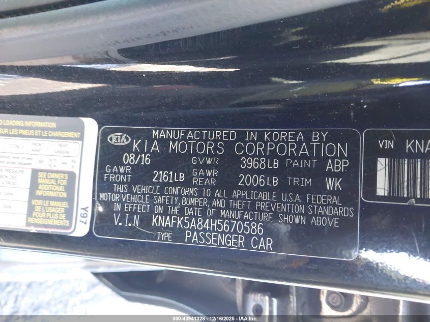 2017 Kia Forte Lx VIN: KNAFK5A84H5670586 Lot: 43941328