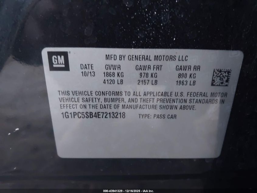 2014 Chevrolet Cruze 1Lt Auto VIN: 1G1PC5SB4E7213218 Lot: 43941329