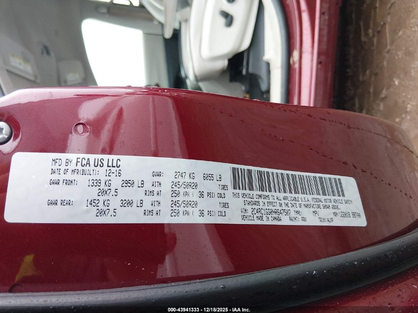 2017 Chrysler Pacifica Limited VIN: 2C4RC1GG0HR647507 Lot: 43941333