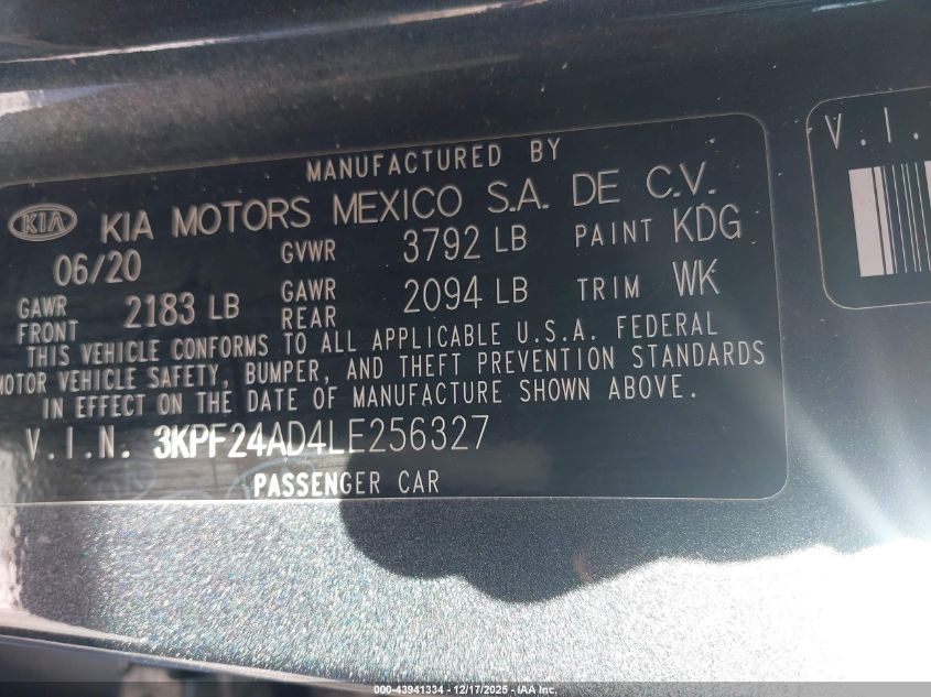 2020 Kia Forte Lxs VIN: 3KPF24AD4LE256327 Lot: 43941334