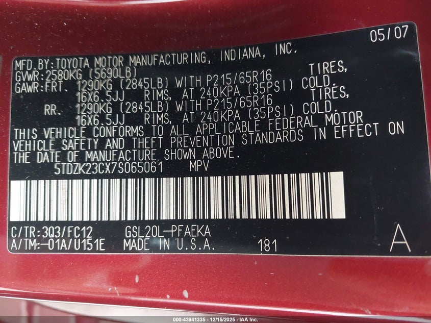 5TDZK23CX7S065061 2007 TOYOTA SIENNA photo no. 9