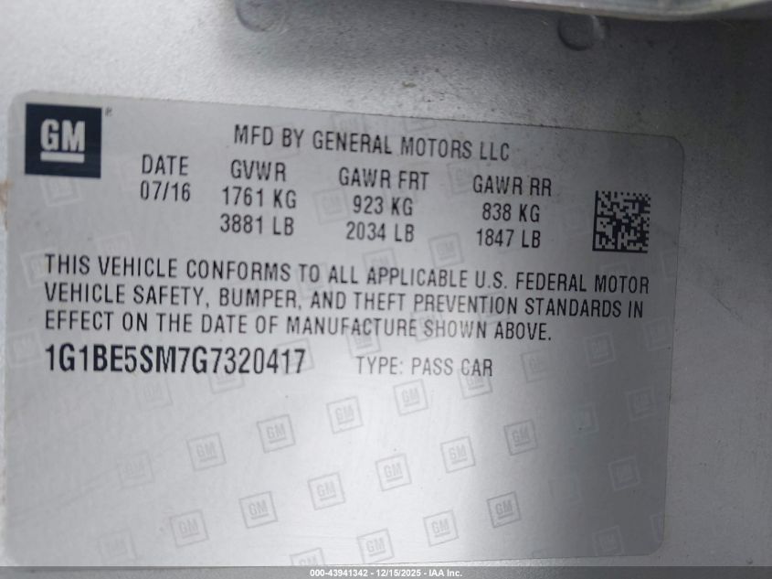 2016 Chevrolet Cruze Lt Auto VIN: 1G1BE5SM7G7320417 Lot: 43941342