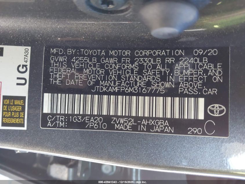 2021 Toyota Prius Prime Xle VIN: JTDKAMFP6M3167775 Lot: 43941343