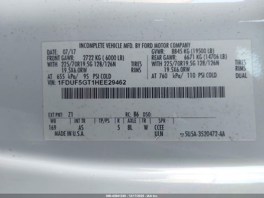 2017 Ford F-550 Chassis Xl VIN: 1FDUF5GT1HEE29462 Lot: 43941345