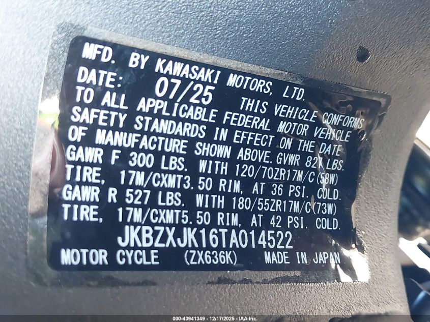 2026 Kawasaki Zx636 K VIN: JKBZXJK16TA014522 Lot: 43941349