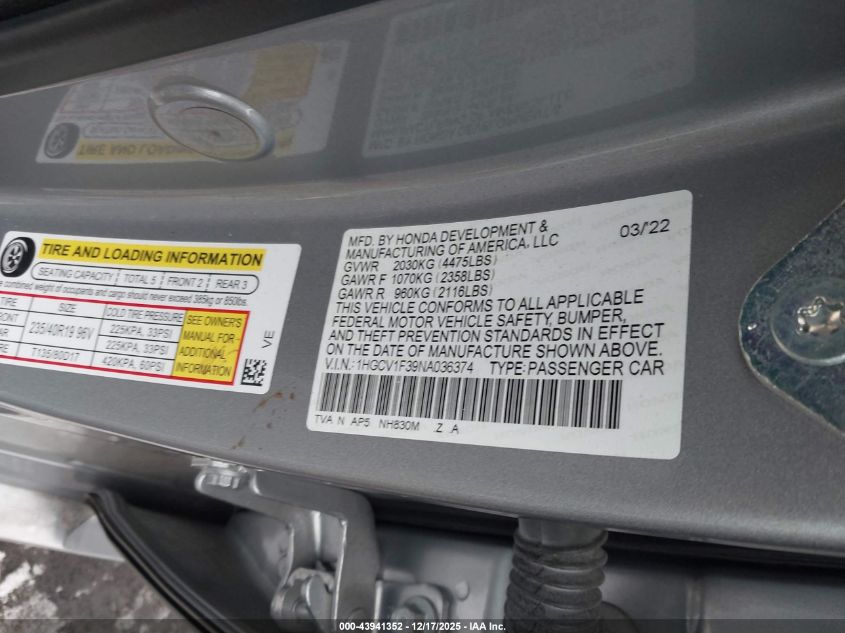 2022 Honda Accord Sport VIN: 1HGCV1F39NA036374 Lot: 43941352