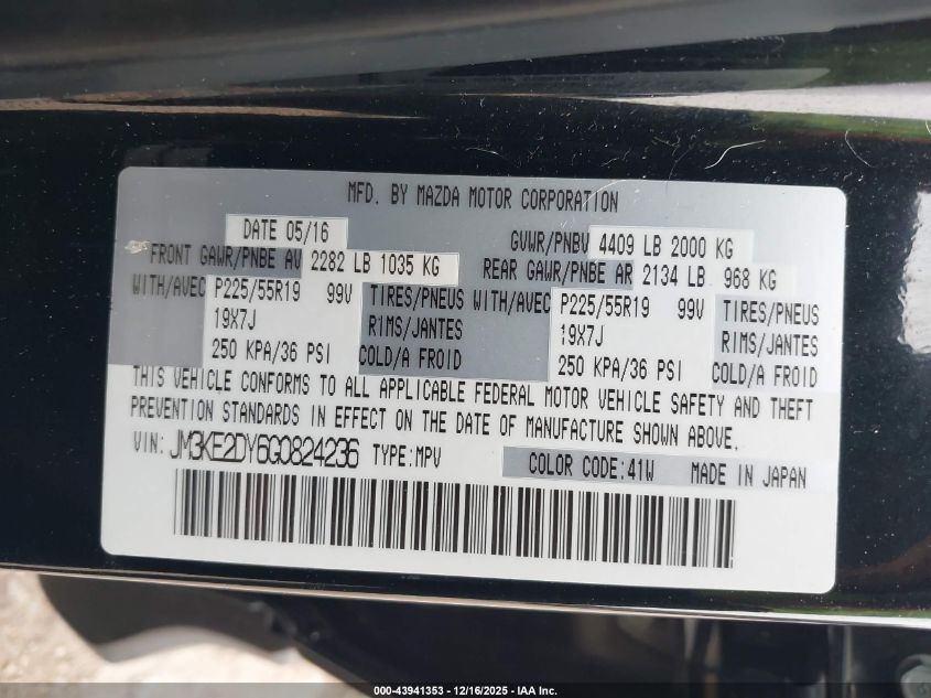 2016 Mazda Cx-5 Grand Touring VIN: JM3KE2DY6G0824236 Lot: 43941353