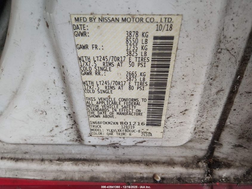 2019 Nissan Nv Cargo Nv1500 Sv V6 VIN: 1N6BF0KM2KN801216 Lot: 43941360