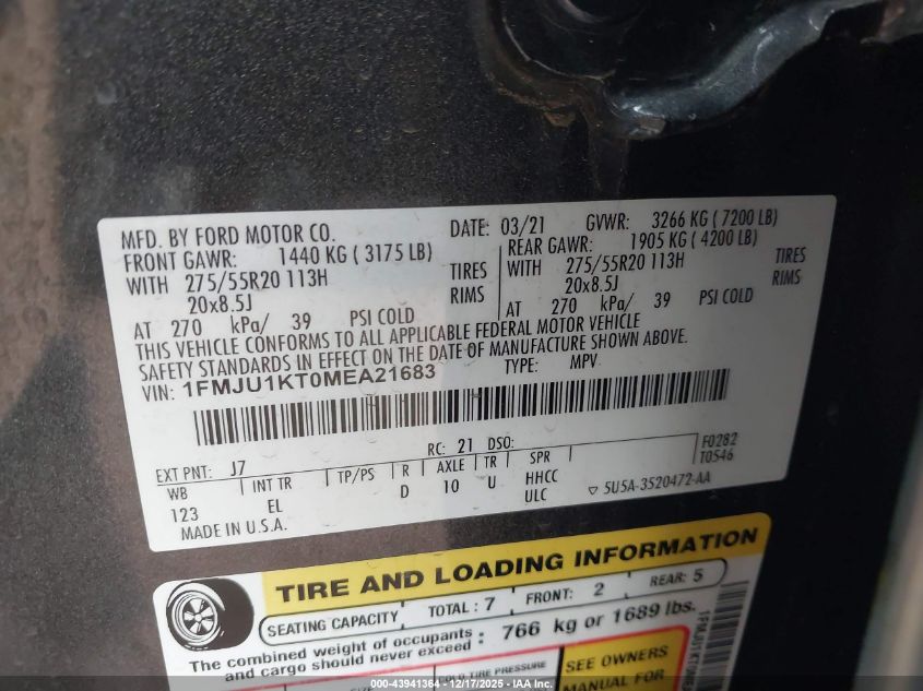 2021 Ford Expedition Limited VIN: 1FMJU1KT0MEA21683 Lot: 43941364