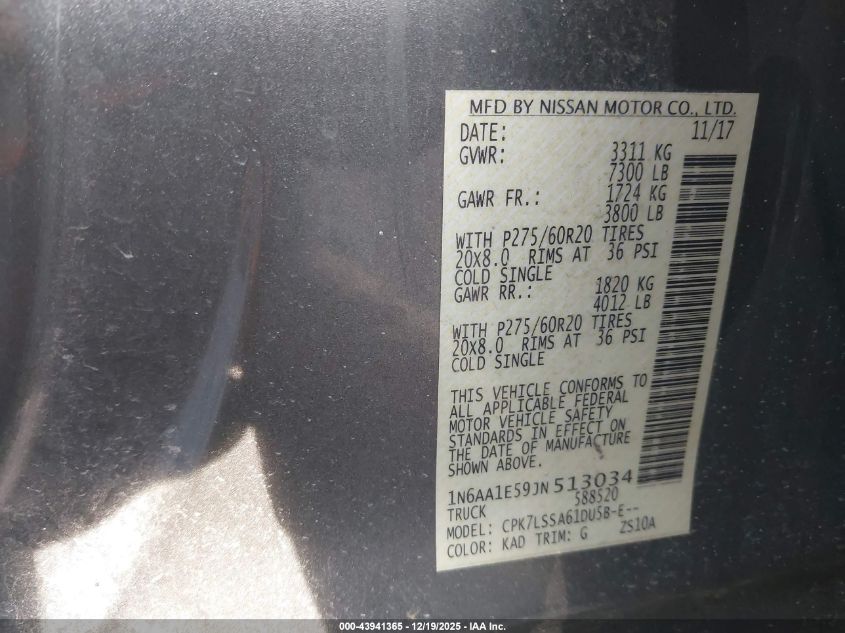 2018 Nissan Titan Sv VIN: 1N6AA1E59JN513034 Lot: 43941365