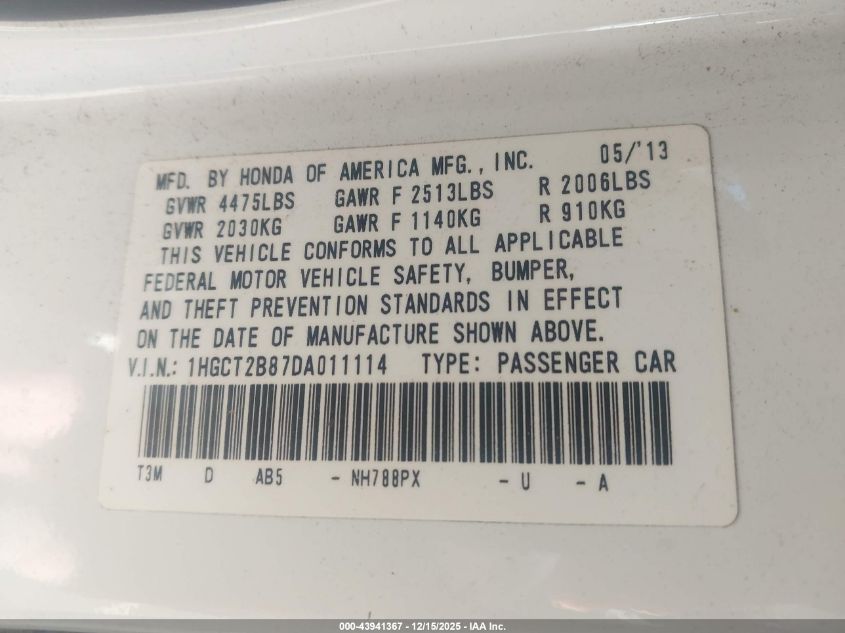 2013 Honda Accord Ex-L V-6 VIN: 1HGCT2B87DA011114 Lot: 43941367