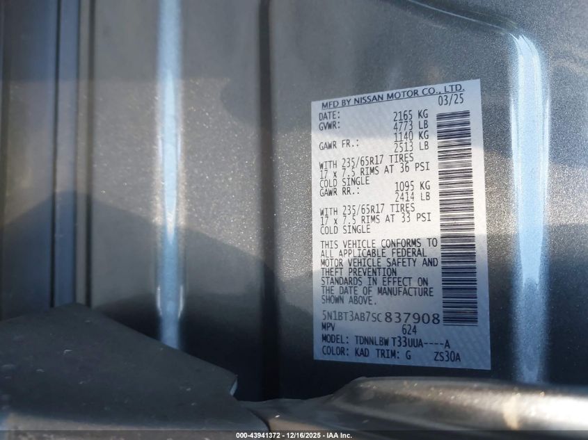 2025 Nissan Rogue S Intelligent Awd VIN: 5N1BT3AB7SC837908 Lot: 43941372