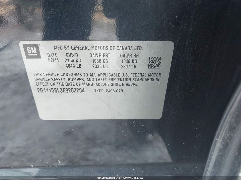 2014 Chevrolet Impala 1Lt VIN: 2G1115SL3E9262204 Lot: 43941373