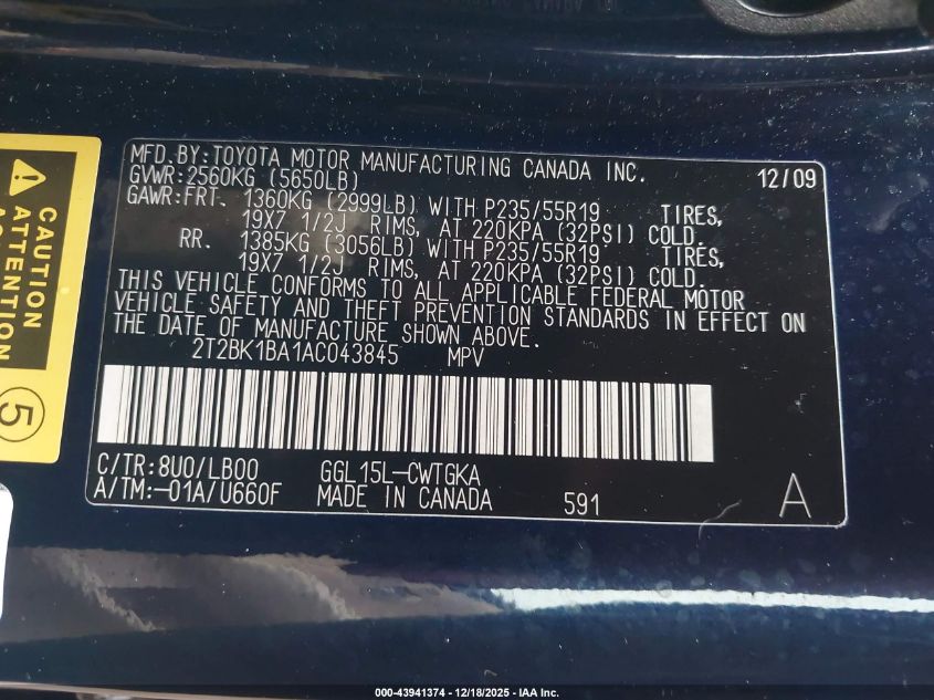 2010 Lexus Rx 350 VIN: 2T2BK1BA1AC043845 Lot: 43941374