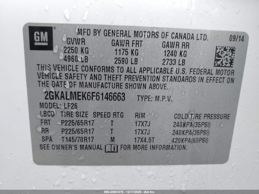 2015 GMC Terrain Sle-1 VIN: 2GKALMEK6F6146663 Lot: 43941378