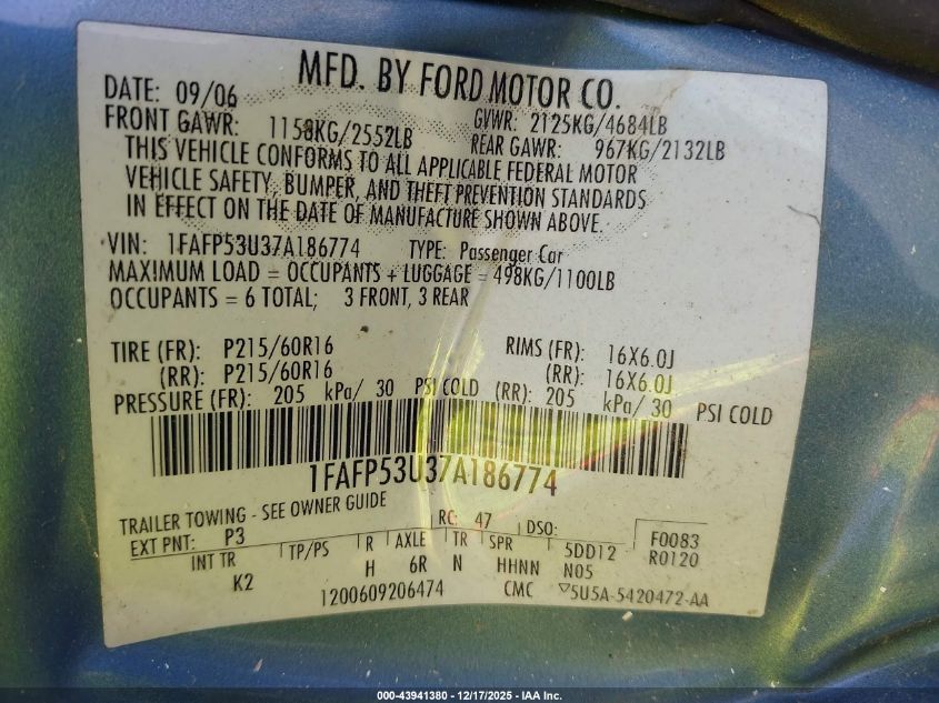 2007 Ford Taurus Se VIN: 1FAFP53U37A186774 Lot: 43941380