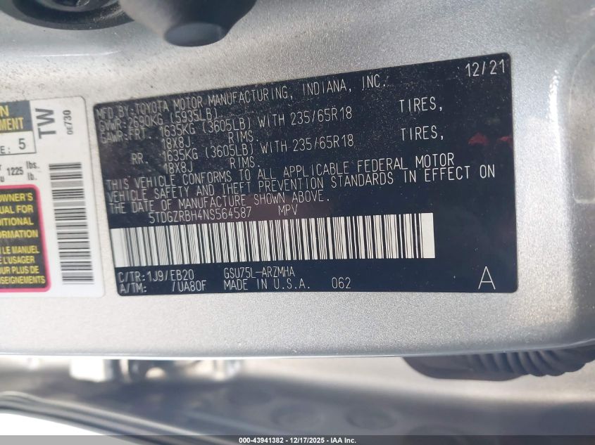 2022 Toyota Highlander Xle VIN: 5TDGZRBH4NS564587 Lot: 43941382