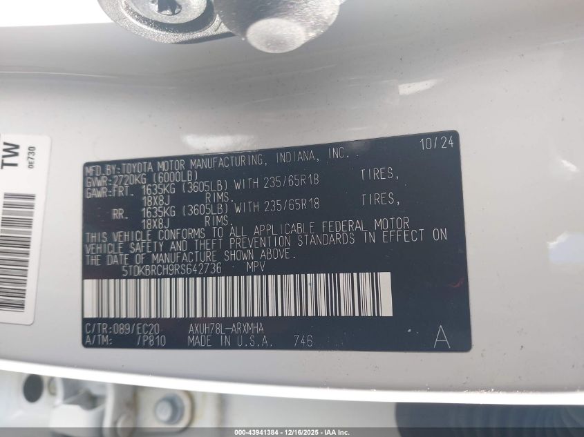 2024 Toyota Highlander Hybrid Xle Nightshade VIN: 5TDKBRCH9RS642736 Lot: 43941384