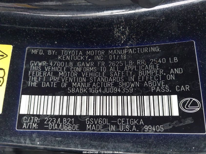 2018 Lexus Es 350 VIN: 58ABK1GG4JU094359 Lot: 43941388