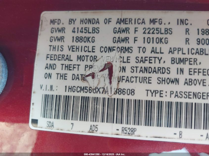 2007 Honda Accord 2.4 Ex VIN: 1HGCM568X7A188608 Lot: 43941390
