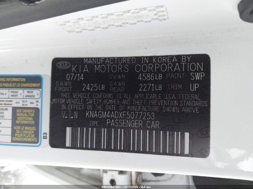 2015 Kia Optima Hybrid VIN: KNAGM4ADXF5077253 Lot: 43941391