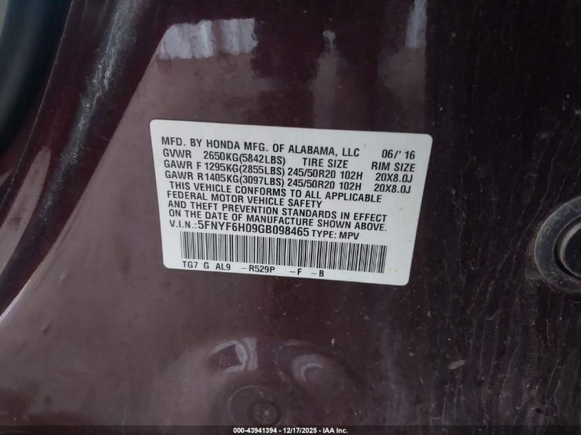 2016 Honda Pilot Elite VIN: 5FNYF6H09GB098465 Lot: 43941394