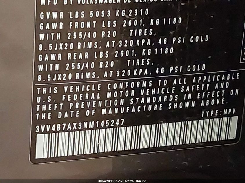 2022 Volkswagen Tiguan 2.0T Sel R-Line VIN: 3VV4B7AX3NM145247 Lot: 43941397
