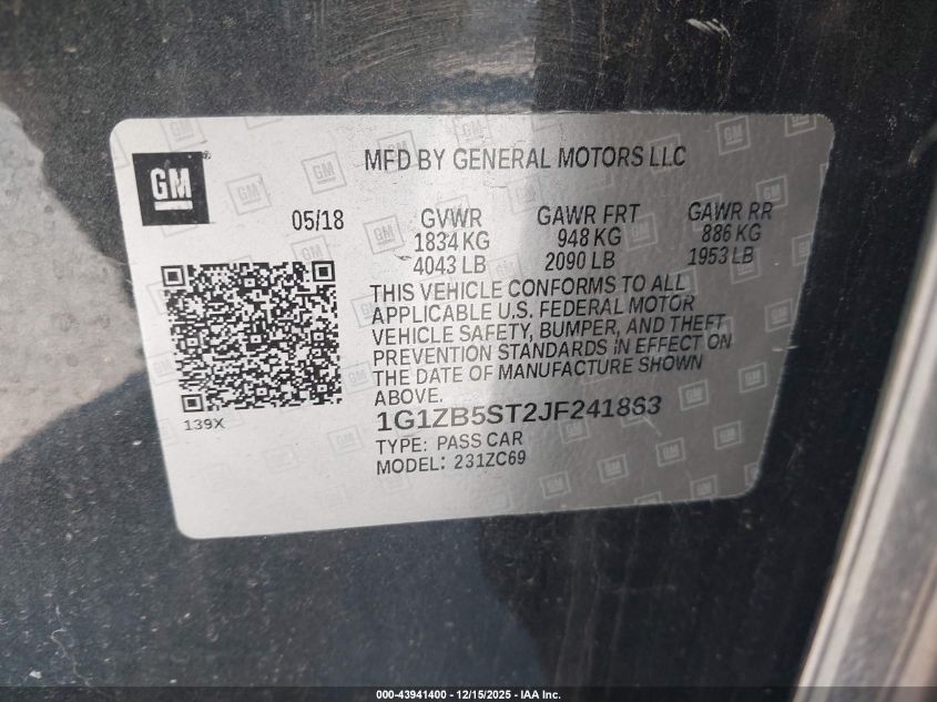 2018 Chevrolet Malibu 1Ls VIN: 1G1ZB5ST2JF241863 Lot: 43941400