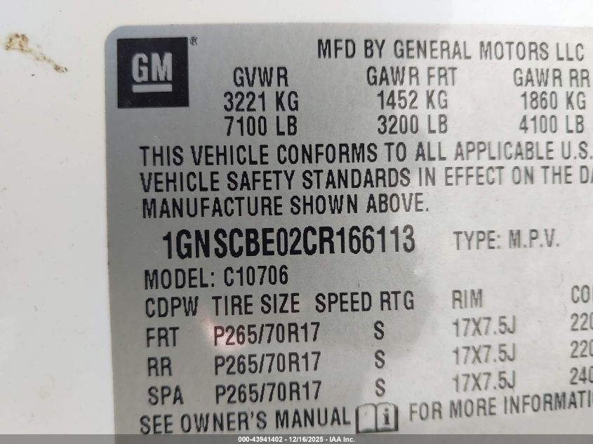 2012 Chevrolet Tahoe Lt VIN: 1GNSCBE02CR166113 Lot: 43941402