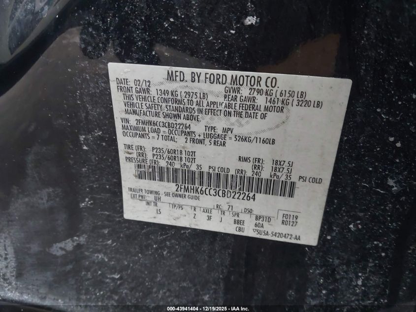 2012 Ford Flex Sel VIN: 2FMHK6CC3CBD22264 Lot: 43941404