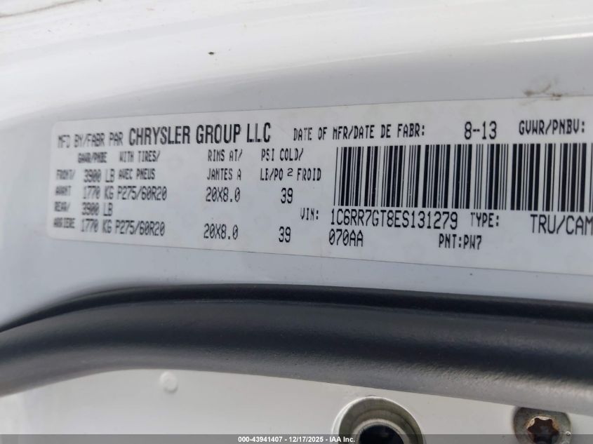 2014 Ram 1500 Slt VIN: 1C6RR7GT8ES131279 Lot: 43941407