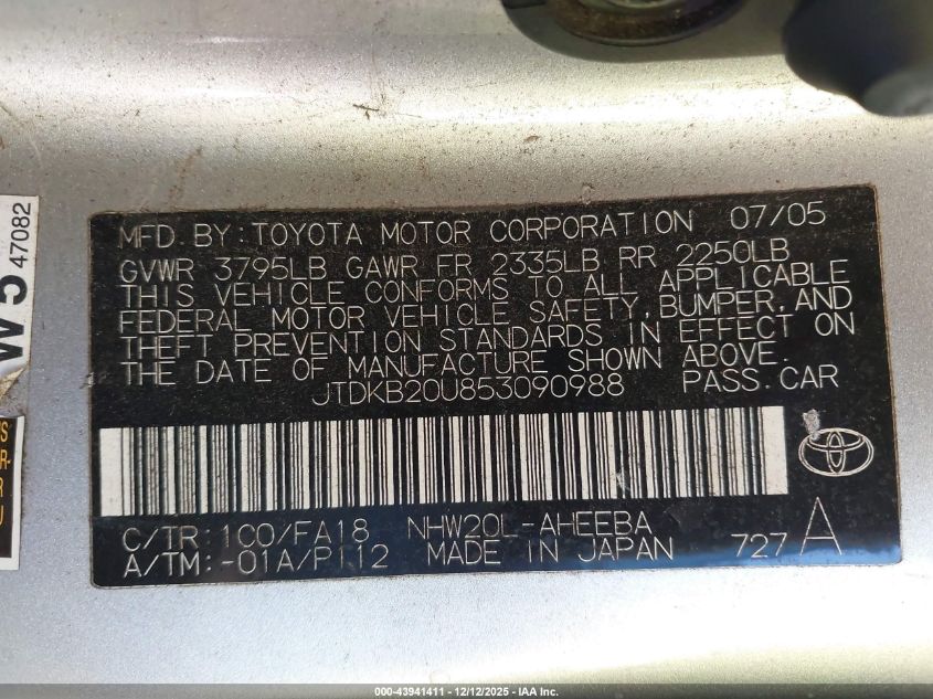 2005 Toyota Prius VIN: JTDKB20U853090988 Lot: 43941411