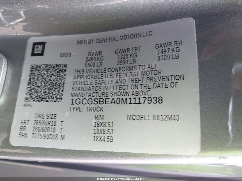 2021 Chevrolet Colorado 2Wd Short Box Wt VIN: 1GCGSBEA0M1117938 Lot: 43941412