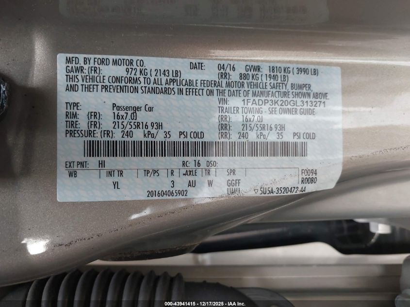 2016 Ford Focus Se VIN: 1FADP3K20GL313271 Lot: 43941415