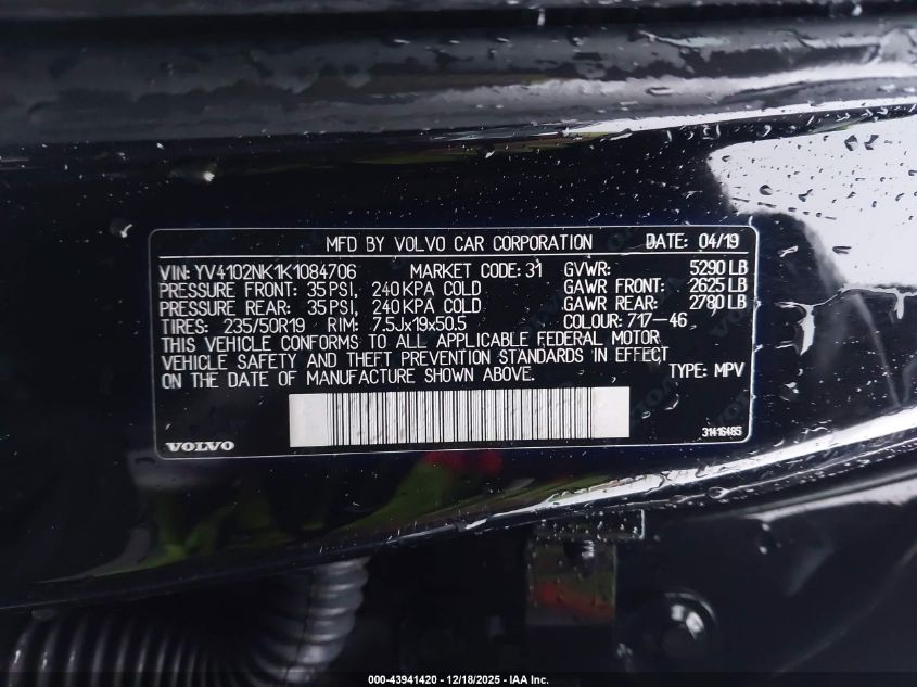 2019 Volvo V90 Cross Country T5 VIN: YV4102NK1K1084706 Lot: 43941420