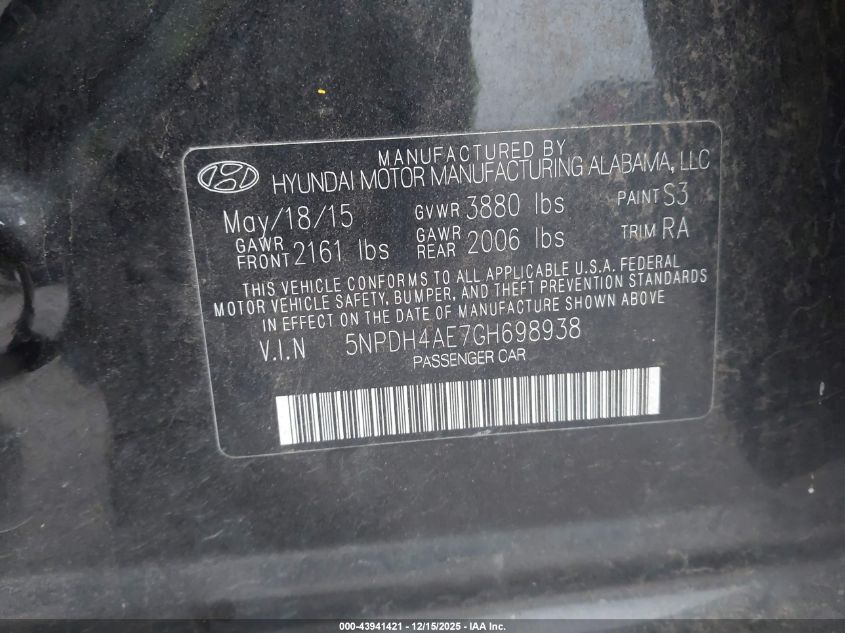 2016 Hyundai Elantra Se VIN: 5NPDH4AE7GH698938 Lot: 43941421