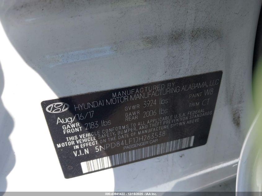 2018 Hyundai Elantra Sel VIN: 5NPD84LF1JH263538 Lot: 43941422