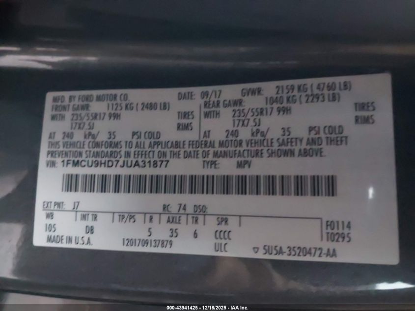 2018 Ford Escape Sel VIN: 1FMCU9HD7JUA31877 Lot: 43941425