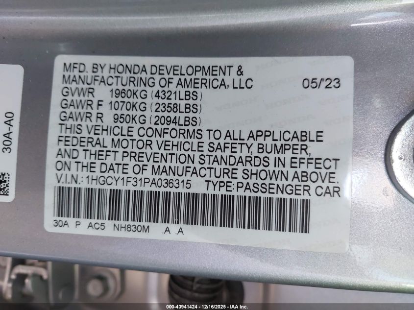 2023 Honda Accord Ex VIN: 1HGCY1F31PA036315 Lot: 43941424