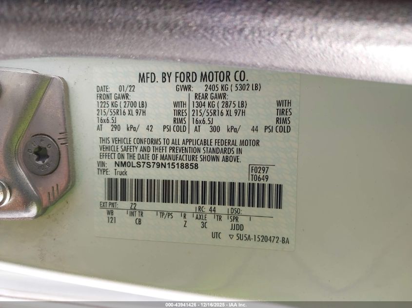 2022 Ford Transit Connect Xl VIN: NM0LS7S79N1518858 Lot: 43941426