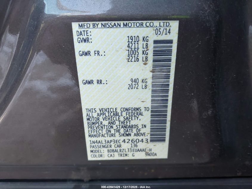 2014 Nissan Altima 2.5 S VIN: 1N4AL3AP3EC426043 Lot: 43941429