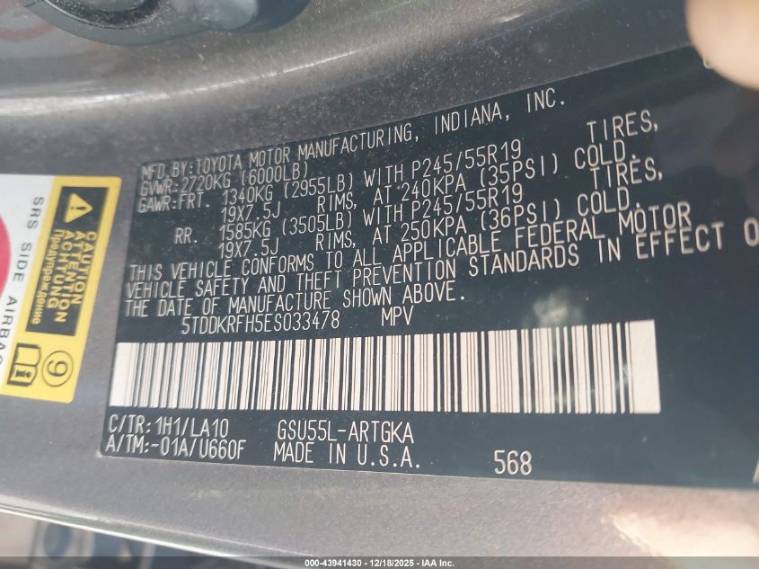 2014 Toyota Highlander Limited Platinum V6 VIN: 5TDDKRFH5ES033478 Lot: 43941430