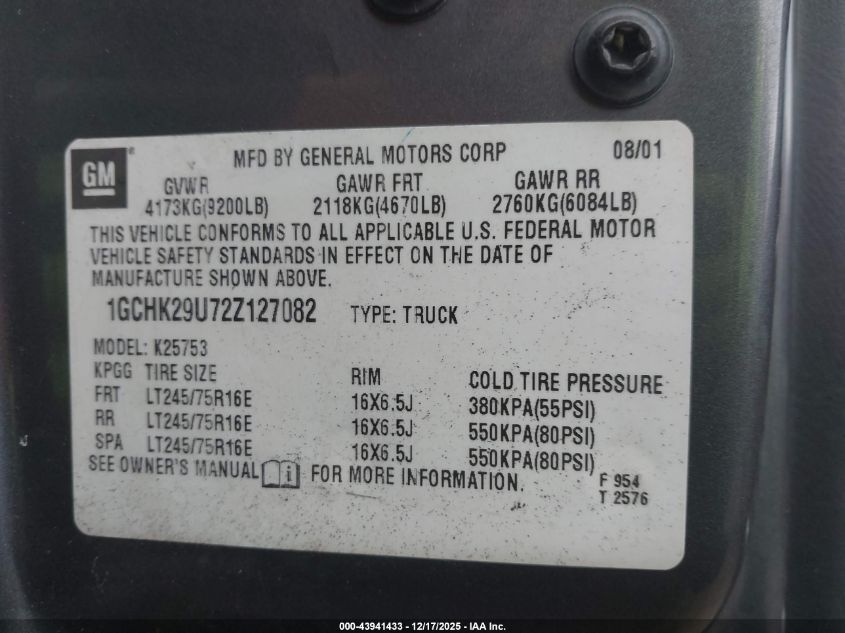 2002 Chevrolet Silverado 2500Hd Ls VIN: 1GCHK29U72Z127082 Lot: 43941433