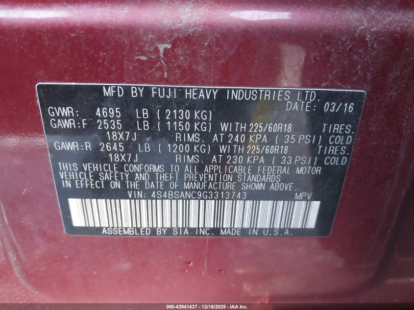 2016 Subaru Outback 2.5I Limited VIN: 4S4BSANC9G3313743 Lot: 43941437