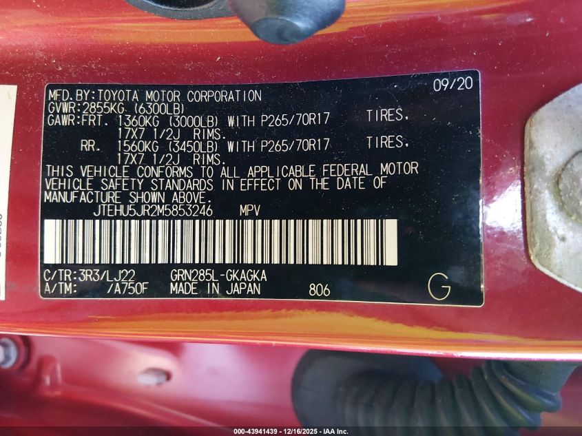 2021 Toyota 4Runner Venture Special Edition VIN: JTEHU5JR2M5853246 Lot: 43941439