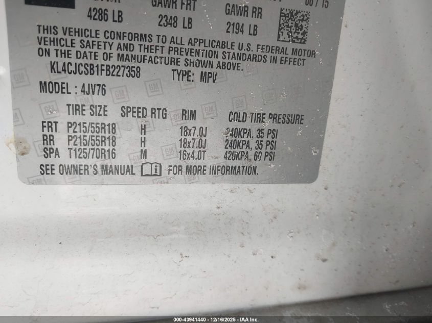 2015 Buick Encore Leather VIN: KL4CJCSB1FB227358 Lot: 43941440