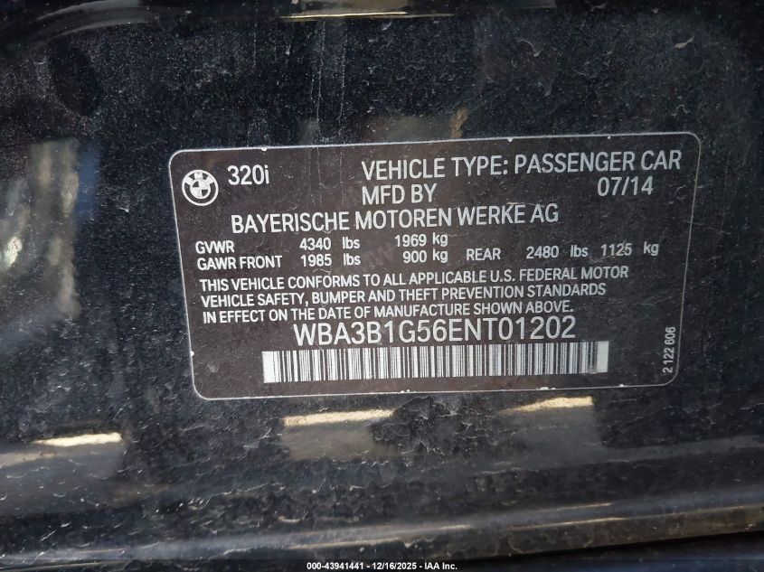 2014 BMW 320I VIN: WBA3B1G56ENT01202 Lot: 43941441