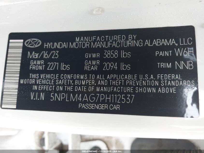 2023 Hyundai Elantra Sel VIN: 5NPLM4AG7PH112537 Lot: 43941442